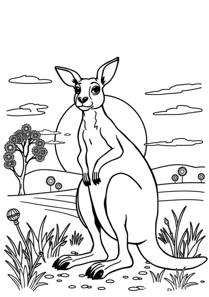 Desenho de Um Canguru com um Sol Nascente na Fazenda para Colorir