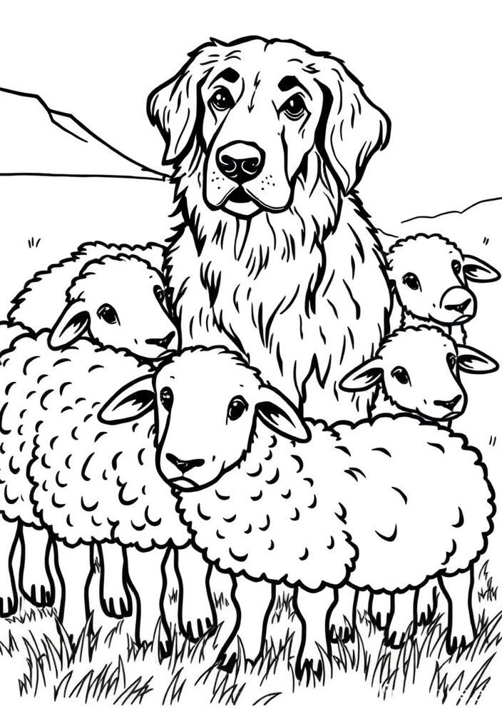 Desenho de Um Cão Pastor Cuidando de Ovelhas para Colorir