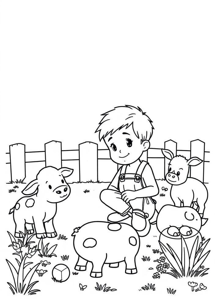 Desenho de Um Menino Brincando com Animais da Fazenda para Colorir