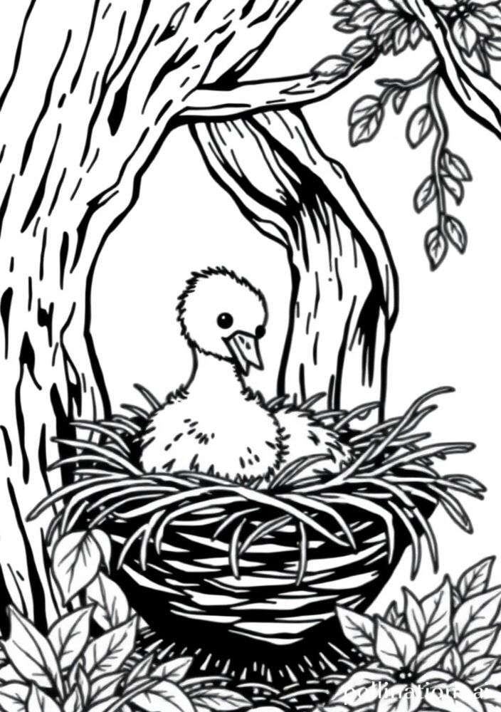 Desenho de Uma Cegonha em um Ninho na Fazenda para Colorir