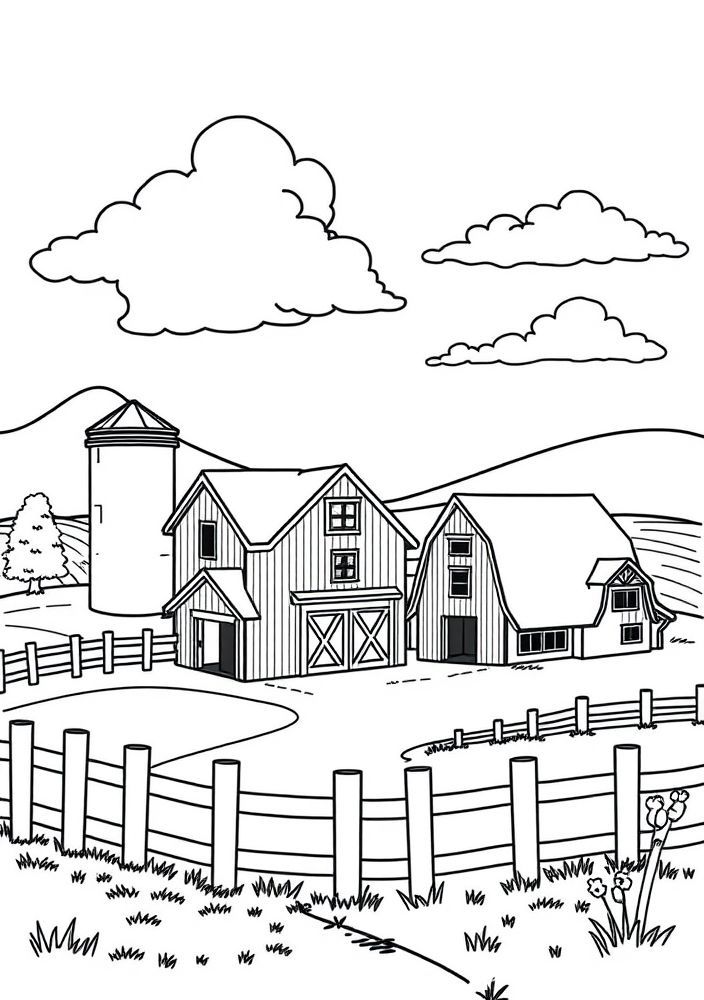 Desenho de Uma Fazenda com Celeiros para Colorir
