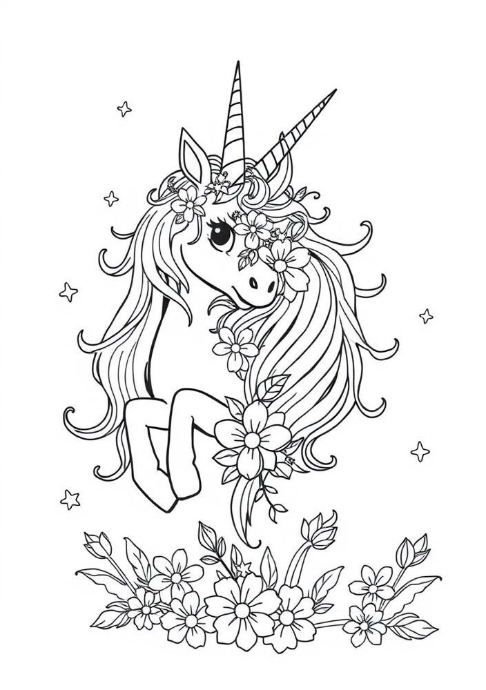 Desenho de Unicórnio com flores mágicas para colorir
