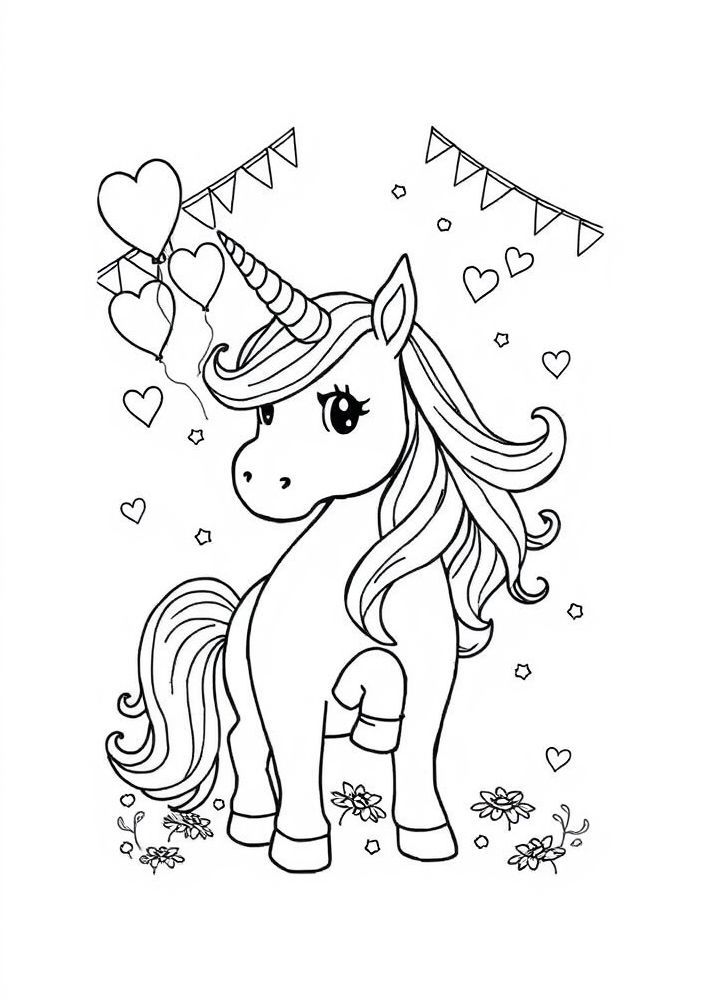 Desenho de Unicórnio em festa de aniversário para colorir