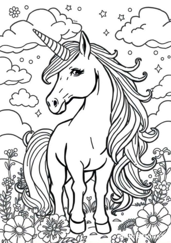 Desenho de Unicórnio em um mundo de contos de fadas para colorir