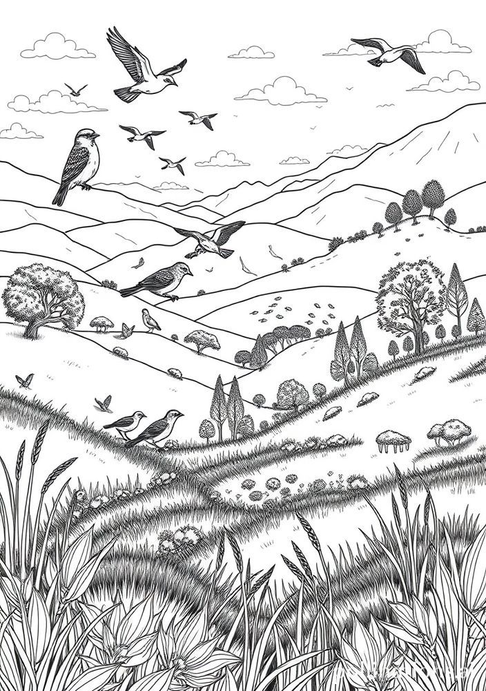 Desenho de Vale com Pássaros para Colorir