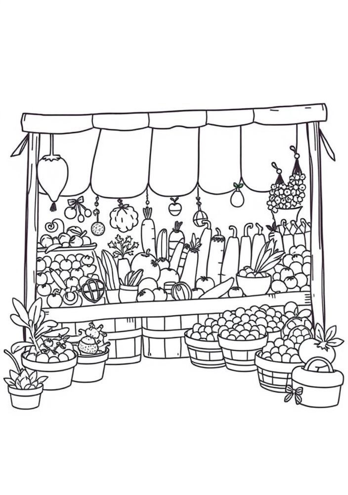 Desenho de Vegetais em um Mercado para colorir