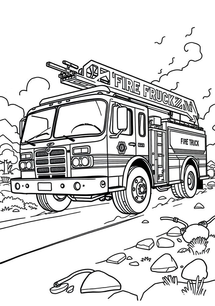 Desenho de caminhão de bombeiros em ação para colorir