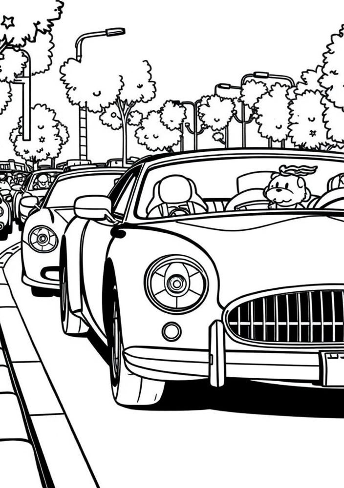 Desenho de carros em um desfile para colorir