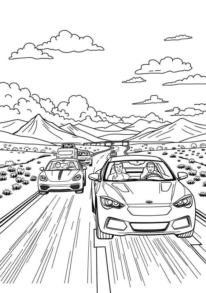 Desenho de carros em uma estrada aberta para colorir