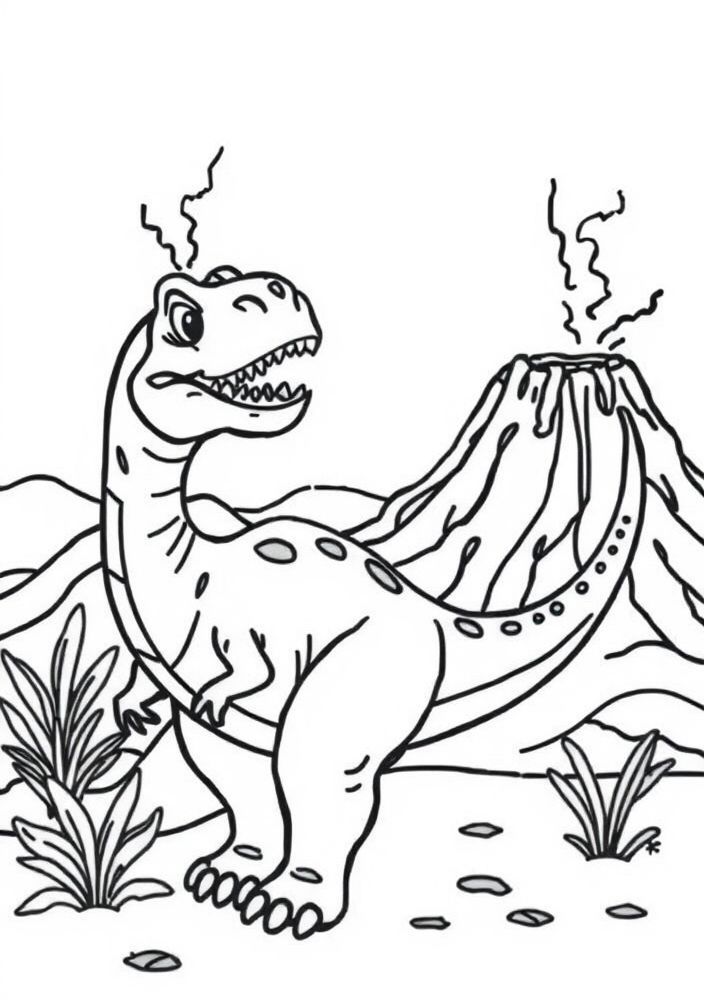 Desenho de dinossauro em um vulcão para colorir