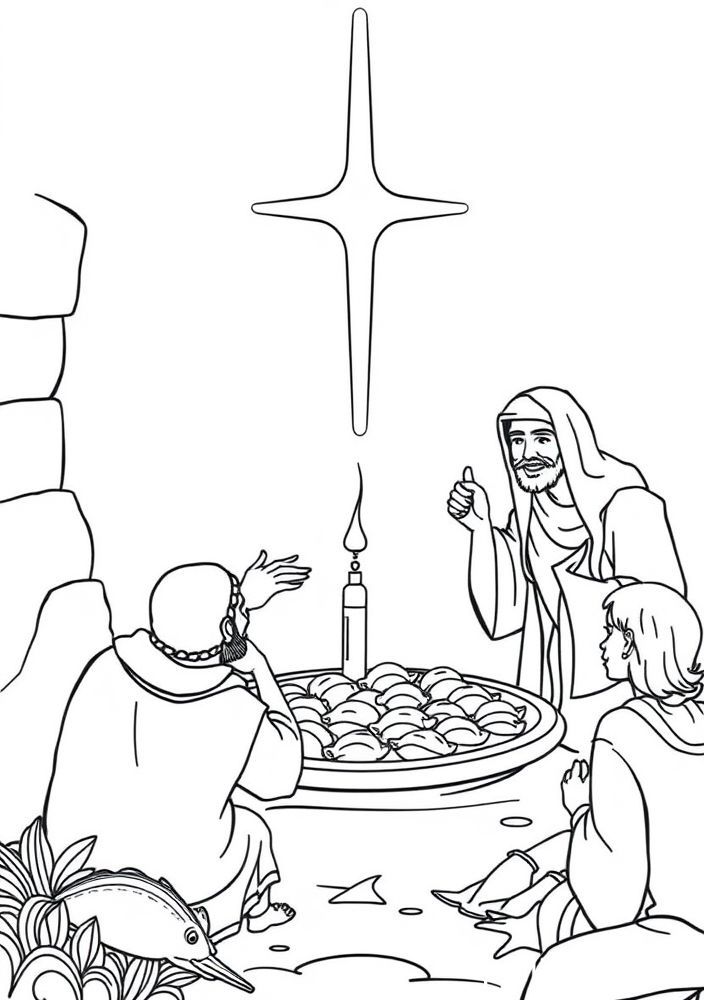 Desenho de multiplicação dos pães e peixes para colorir