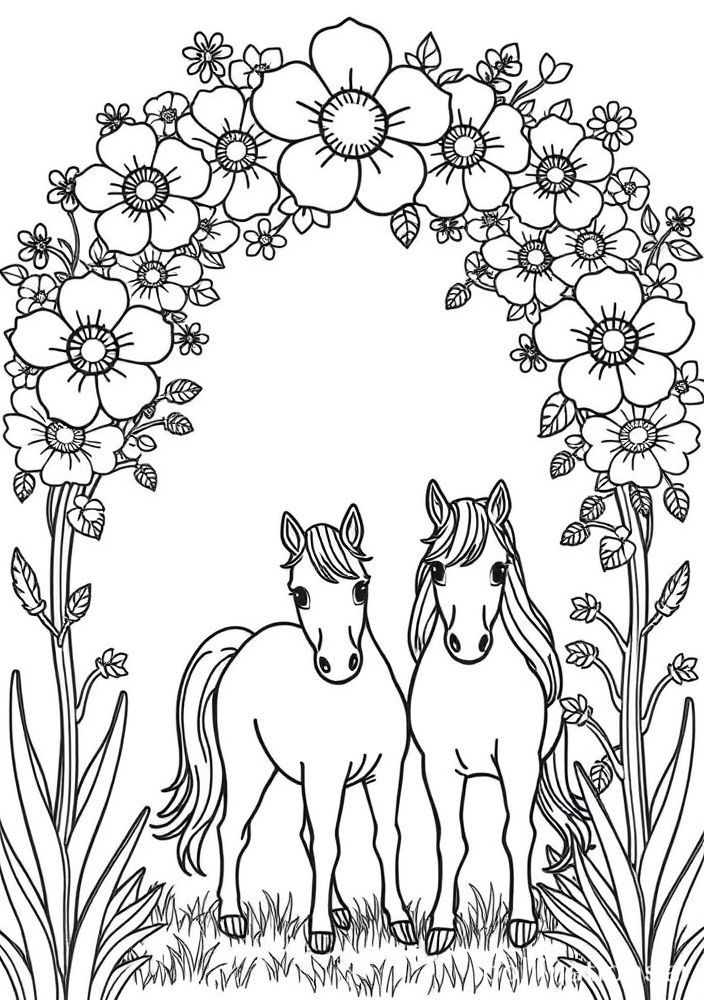 Desenho de pôneis sob um arco de flores para colorir