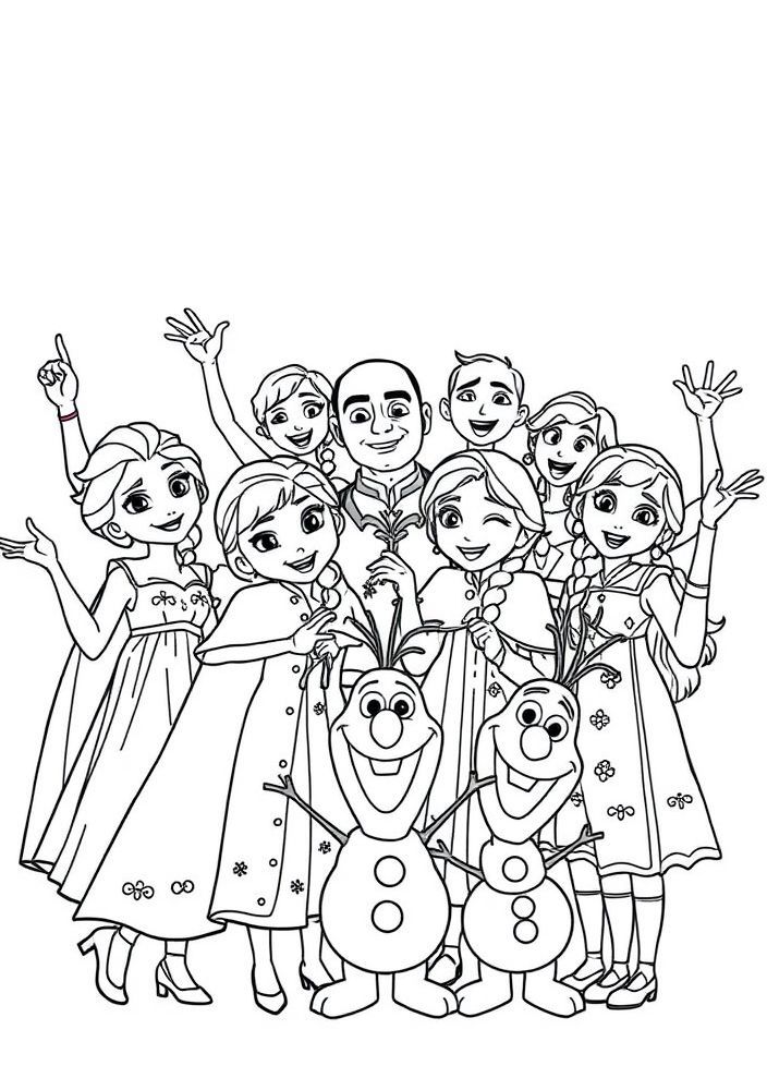Desenho de todos os personagens de 'Frozen' em festa para colorir