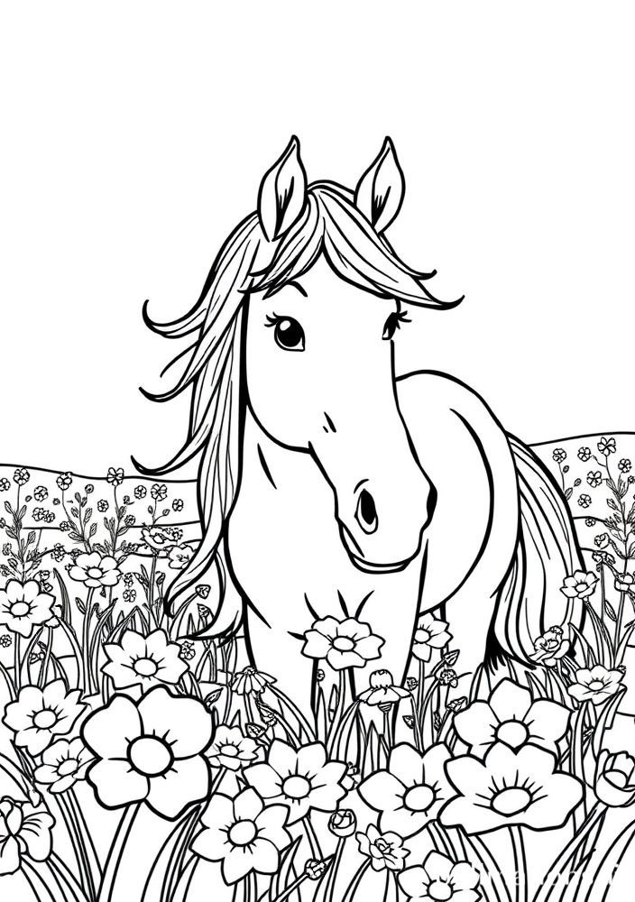 Desenho de um Pônei em um Campo Florido para colorir