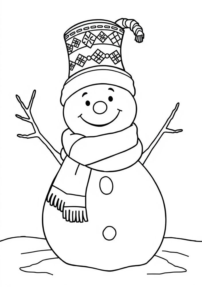 Desenho de um boneco de neve com cenouras e botões para colorir