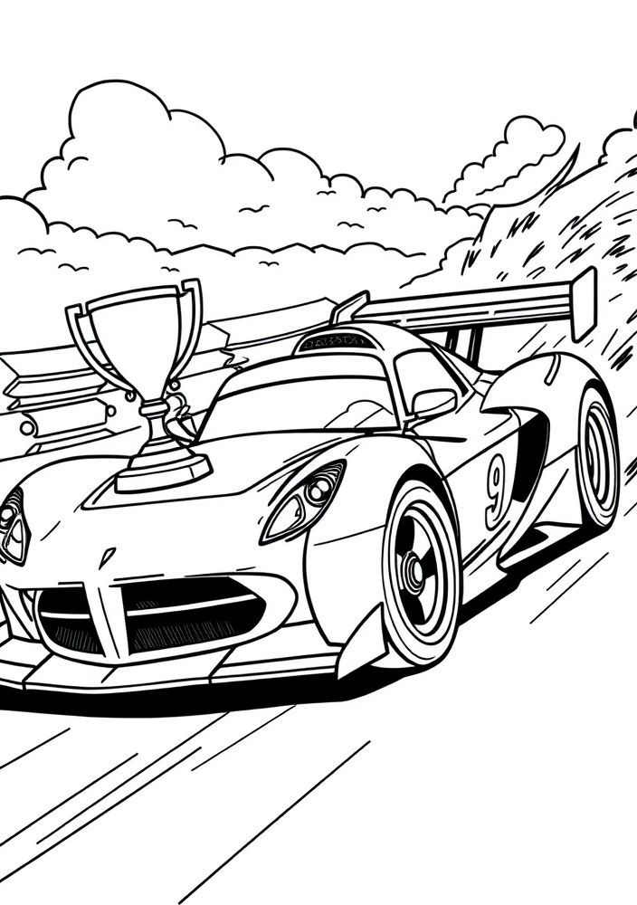 Desenho de um carro de corrida com troféu para colorir