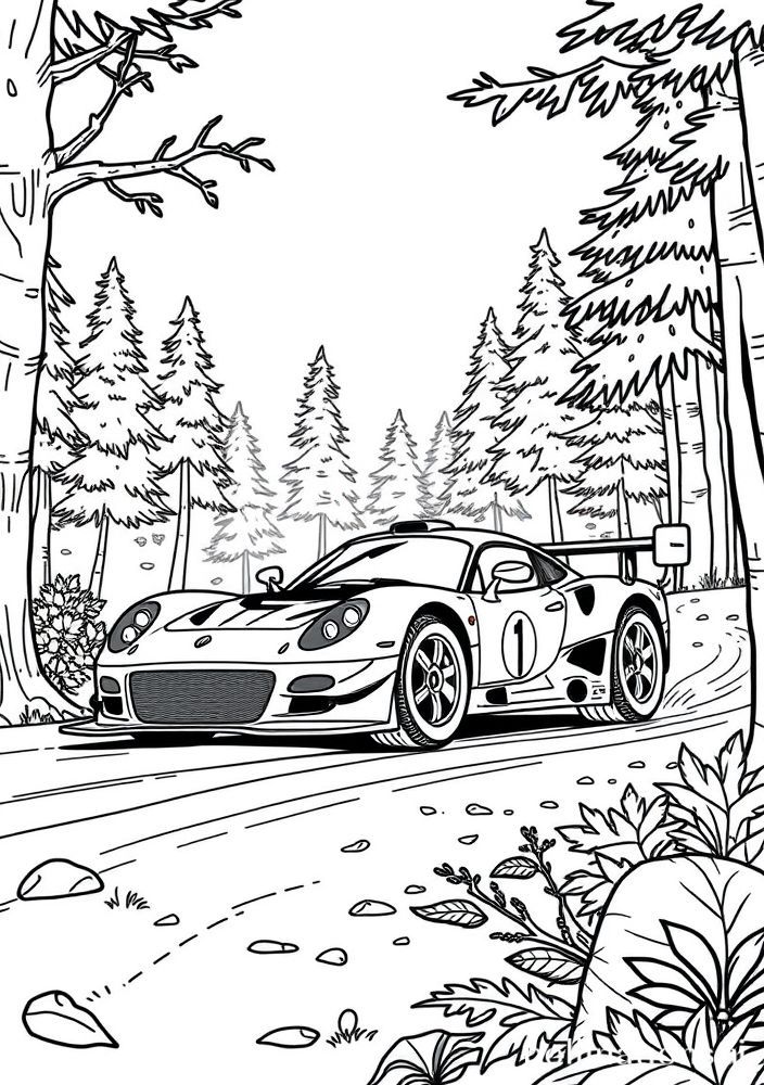 Desenho de um carro de corrida nas árvores para colorir