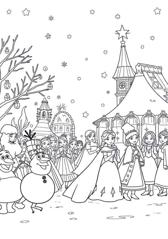 Desenho de um desfile de inverno com os personagens de Frozen para colorir