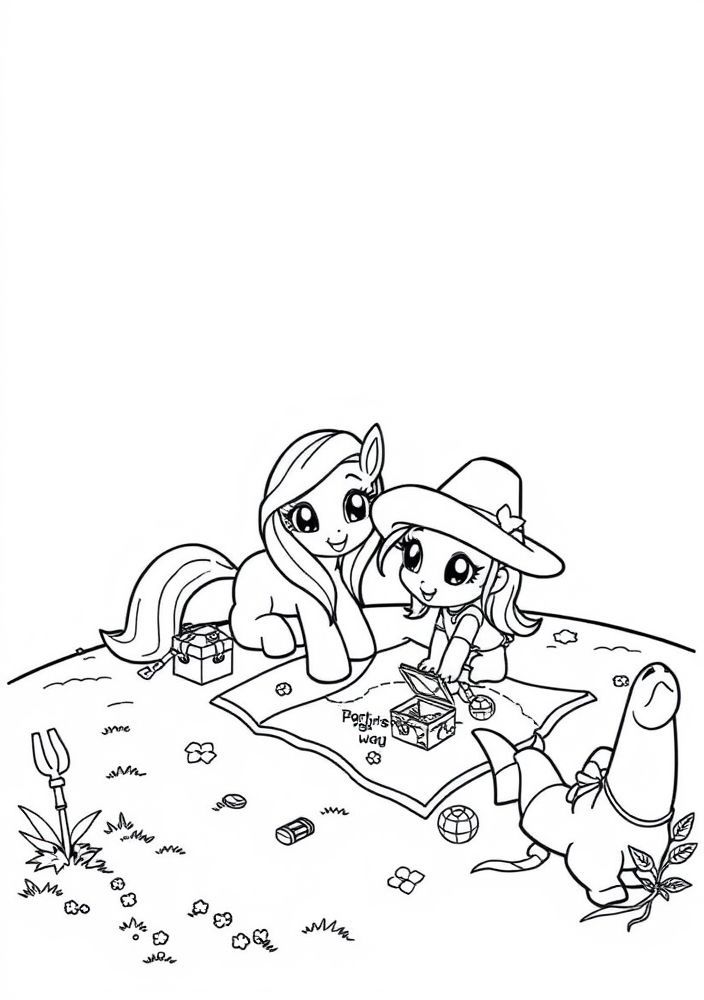Desenho de um dia de caça a tesouros com pôneis para colorir