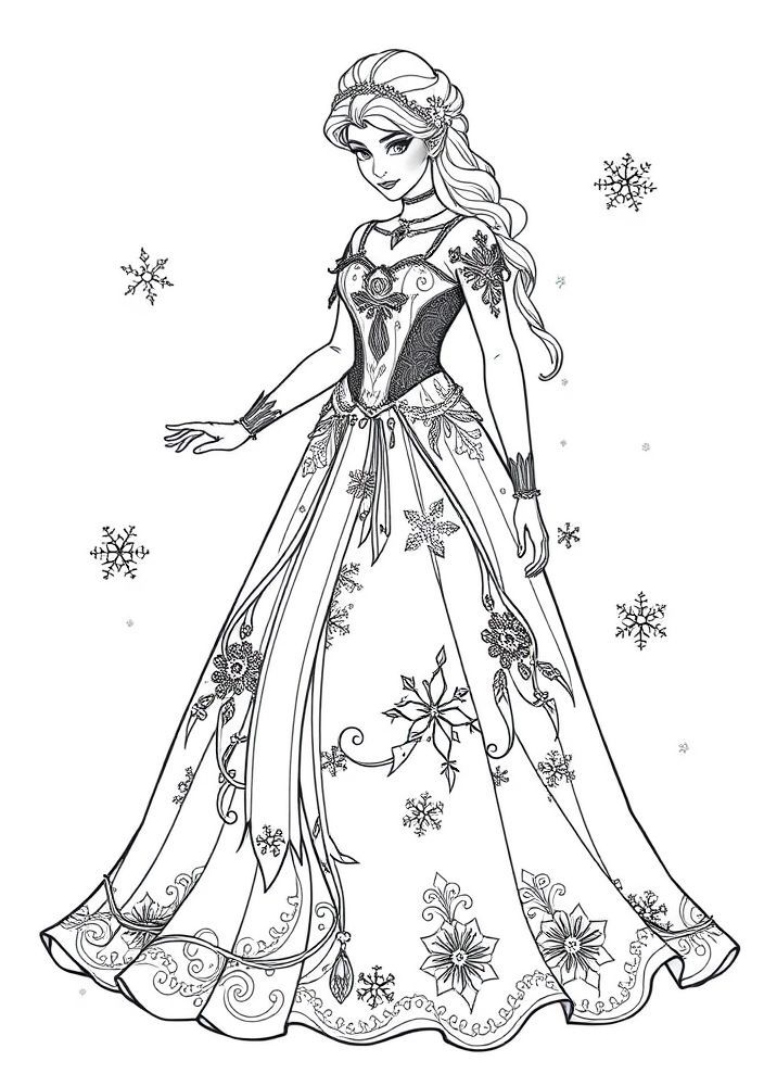 Desenho de um elegante vestido de festa inspirado em 'Frozen' para colorir