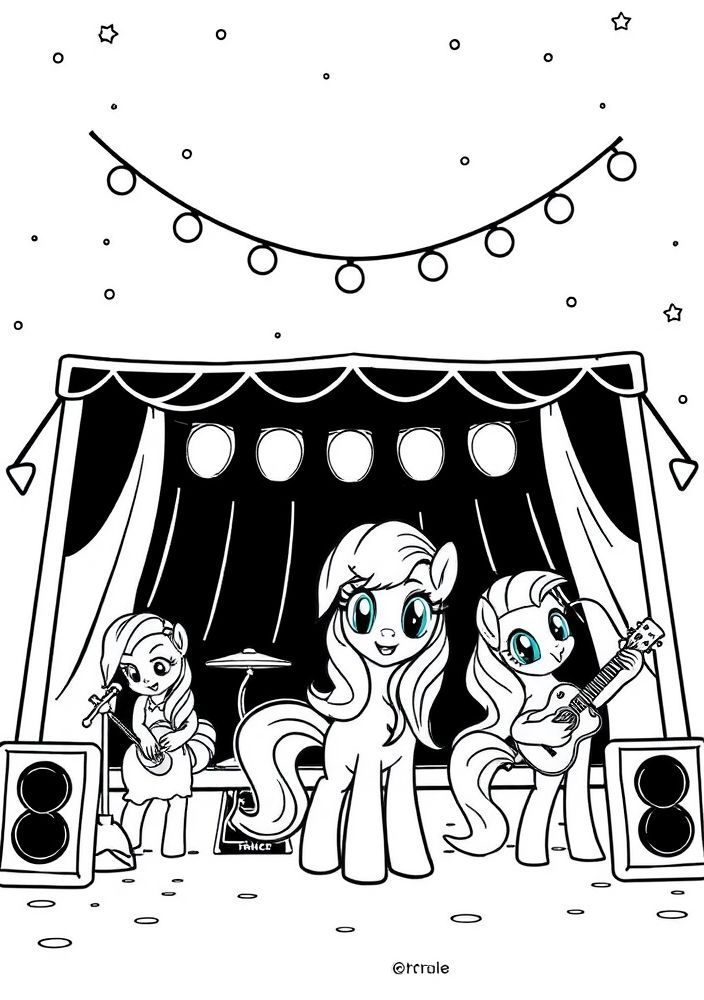 Desenho de um festival de música com pôneis para colorir