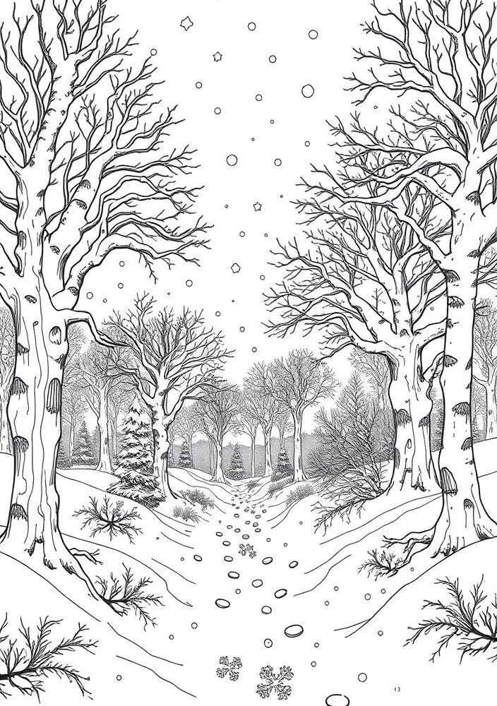 Desenho de um inverno encantado com árvores e neve para colorir