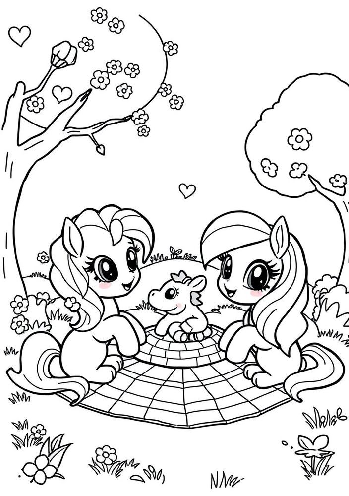 Desenho de um piquenique dos pôneis para colorir