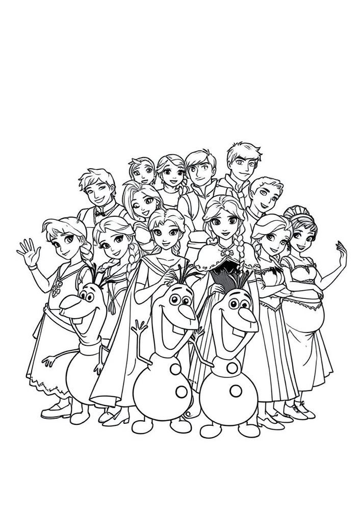 Desenho de vários personagens de Frozen para colorir