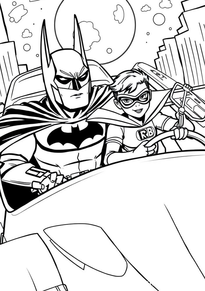 Desenho do Batman e do Robin em um veículo para colorir