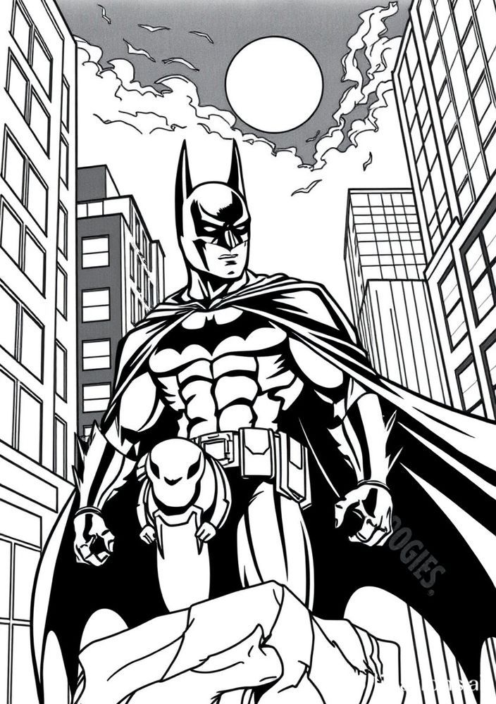 Desenho do Batman em um fundo urbano para colorir