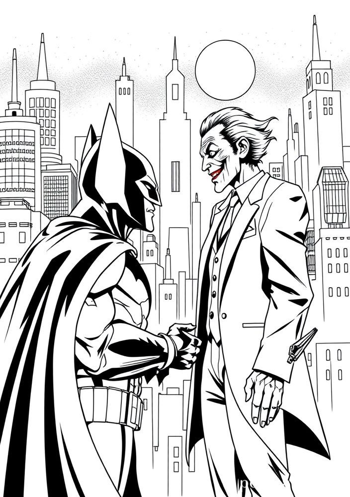 Desenho do Batman enfrentando o Coringa no Gotham City para colorir