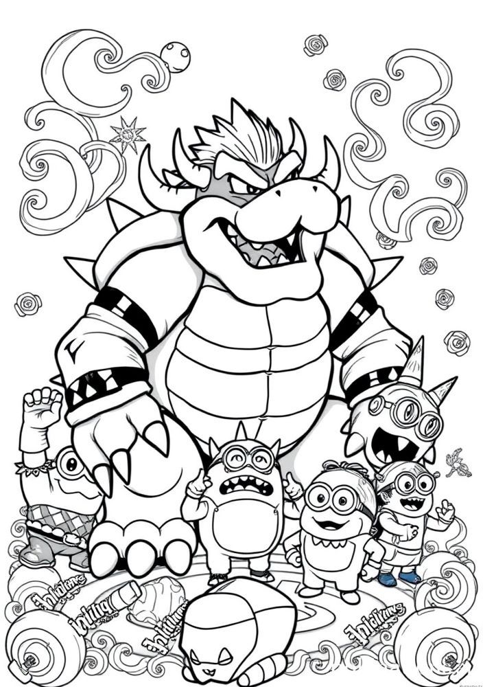 Desenho do Bowser com seus soldados para colorir