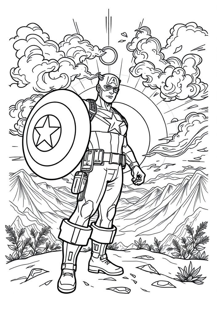 Desenho do Capitão América em um pôr do sol para colorir