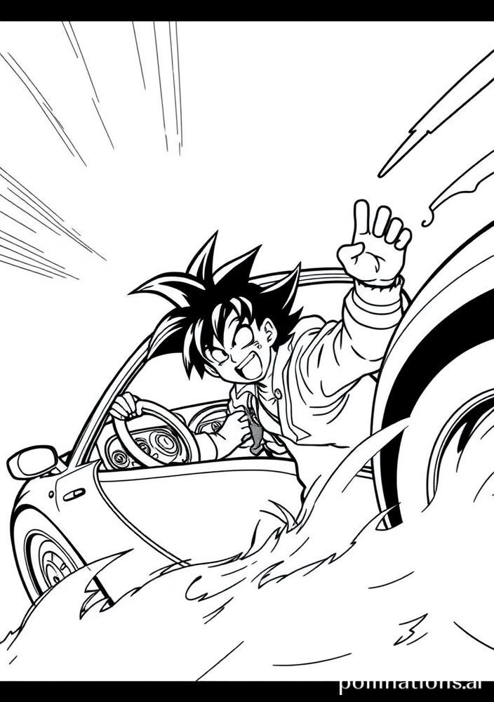 Desenho do Goku em uma corrida de carros para colorir