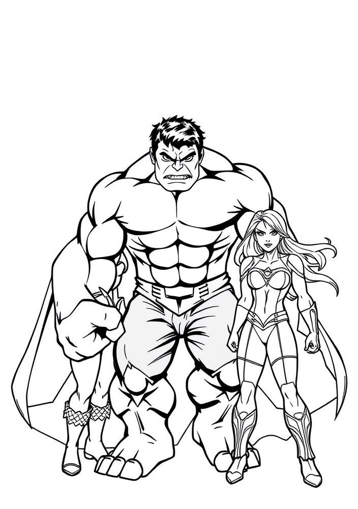 Desenho do Hulk com amigos super-heróis para colorir