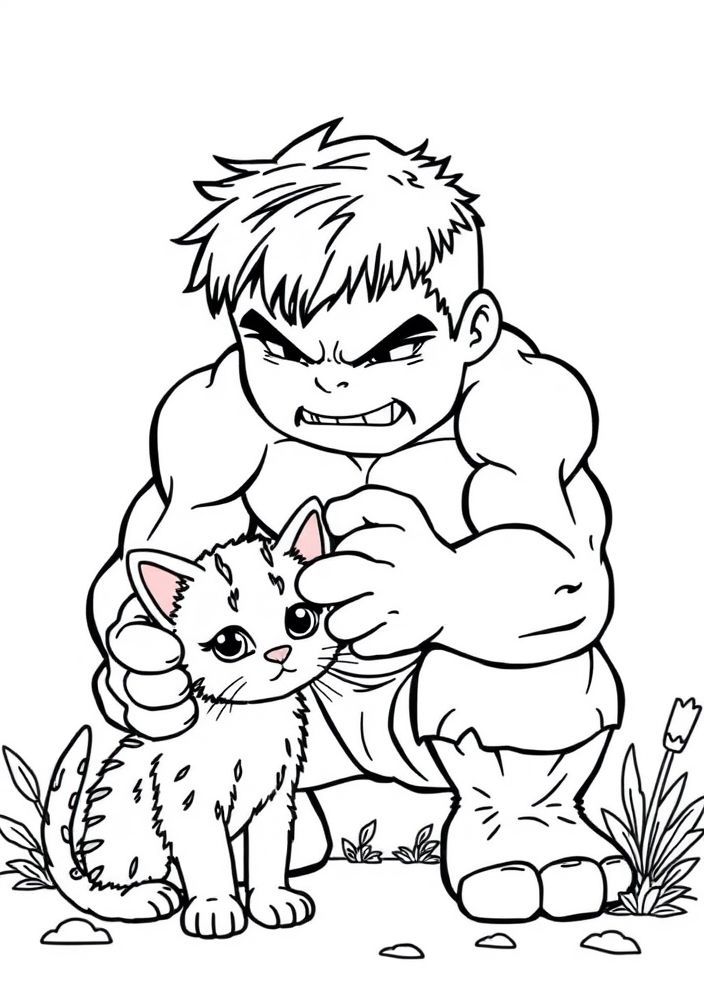 Desenho do Hulk com um gatinho para colorir
