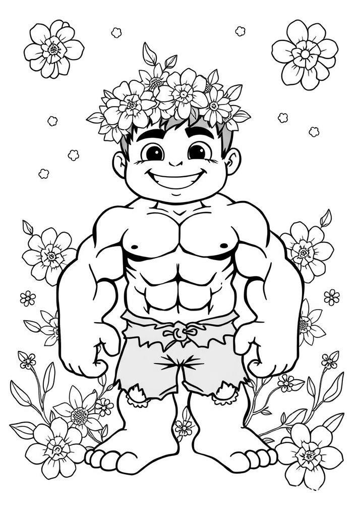Desenho do Hulk com uma flor na cabeça para colorir