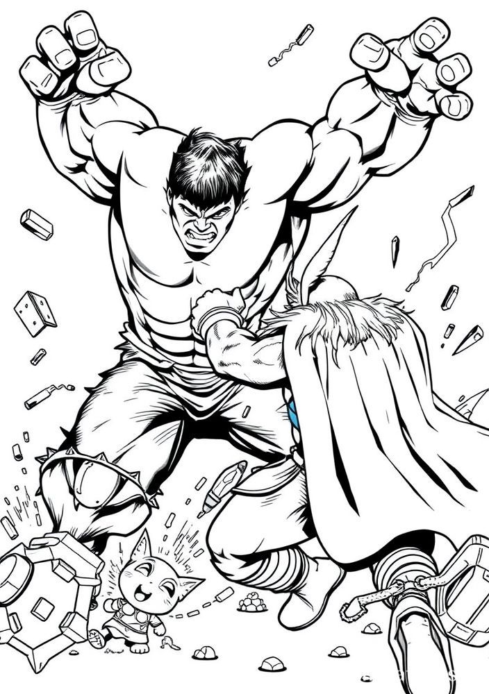 Desenho do Hulk e Thor lutando para colorir