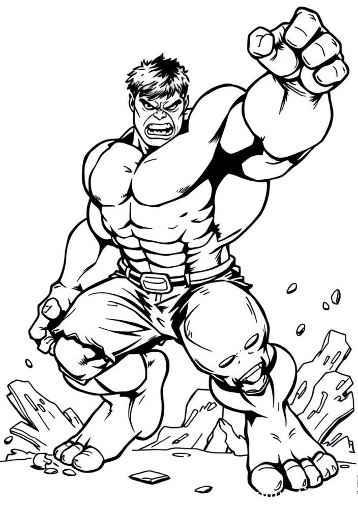 Desenho do Hulk em pose de ação para colorir