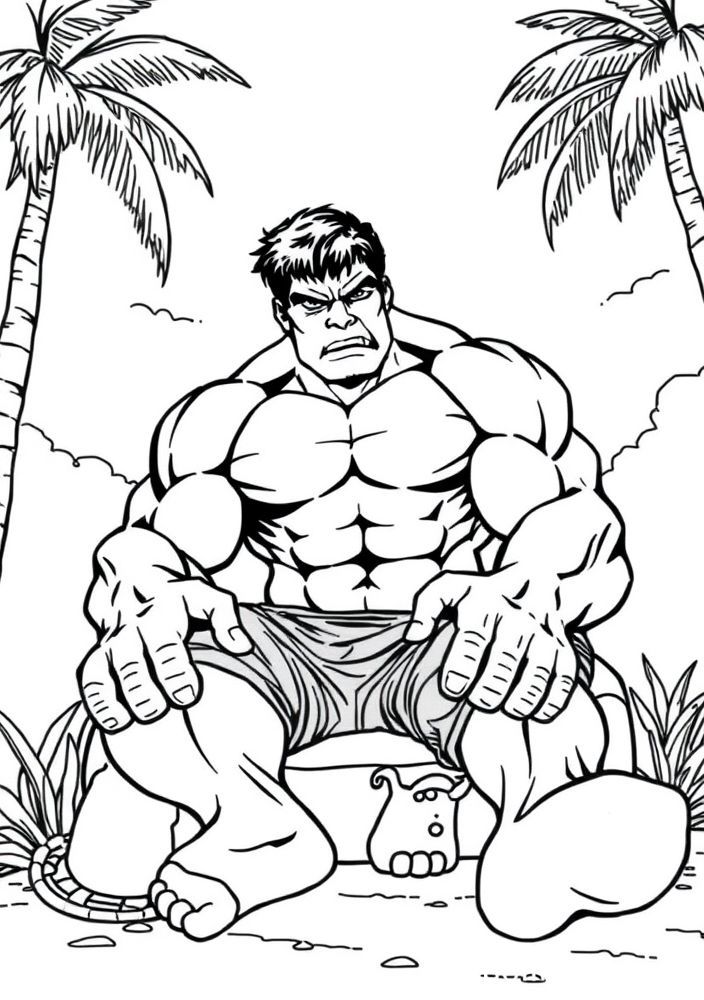 Desenho do Hulk em um cenário de férias para colorir
