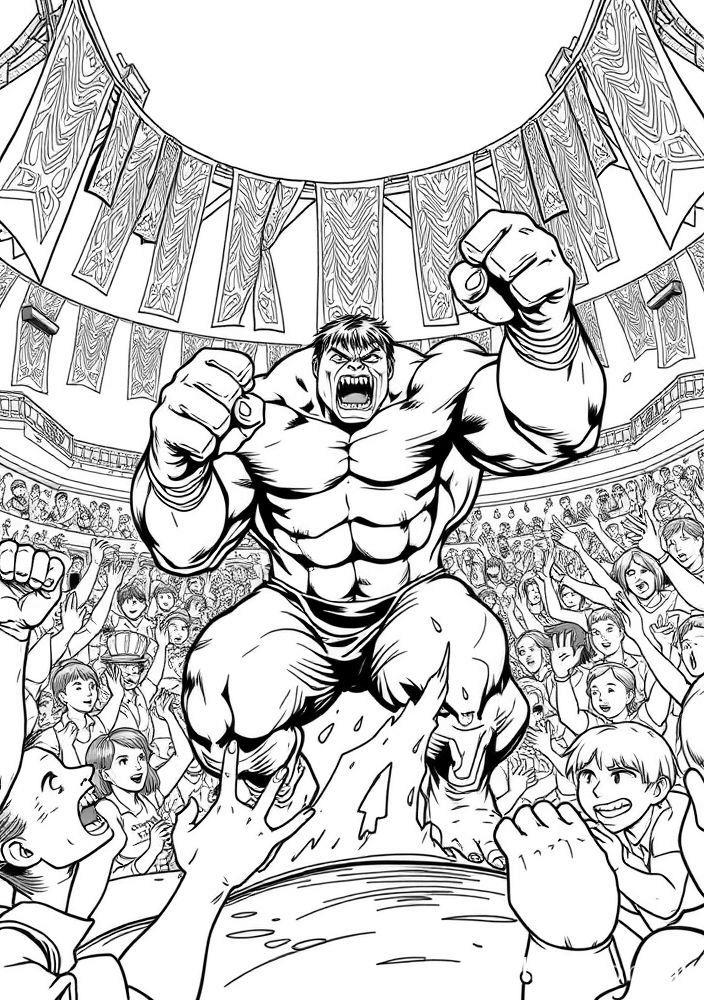 Desenho do Hulk em uma arena de combate para colorir