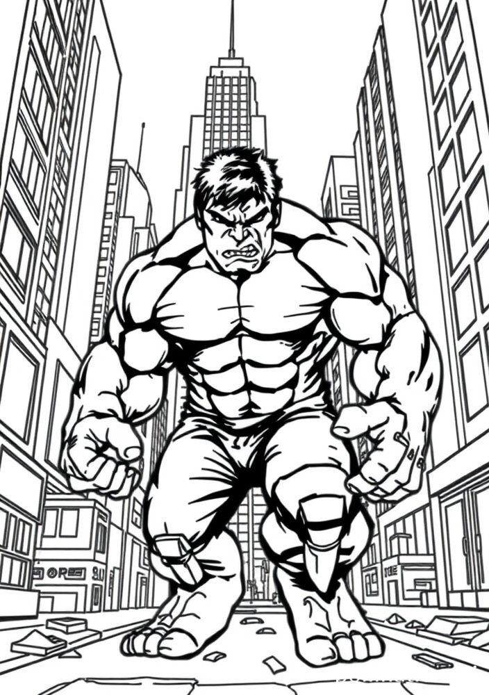 Desenho do Hulk em uma cena de cidade para colorir