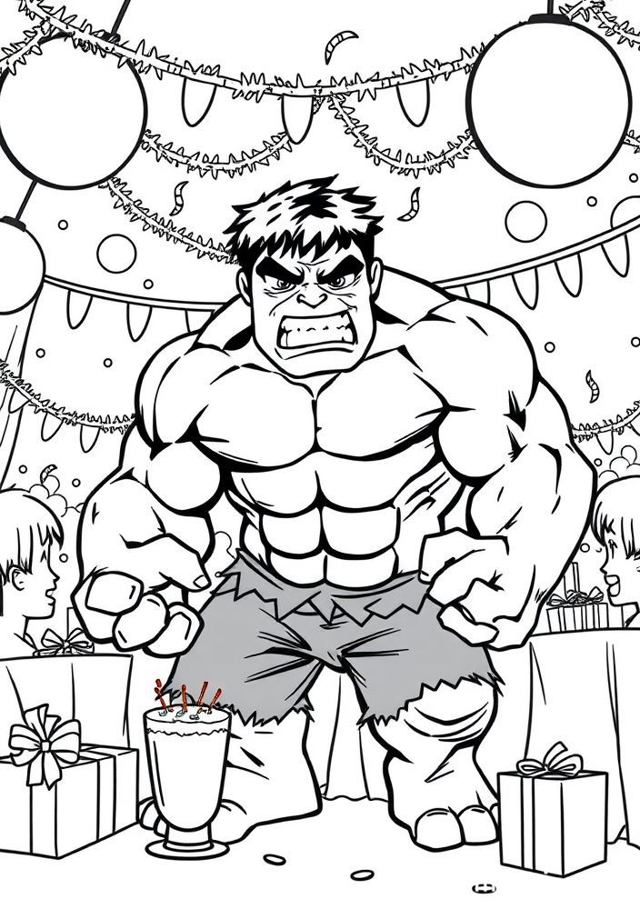 Desenho do Hulk em uma cena de festa para colorir