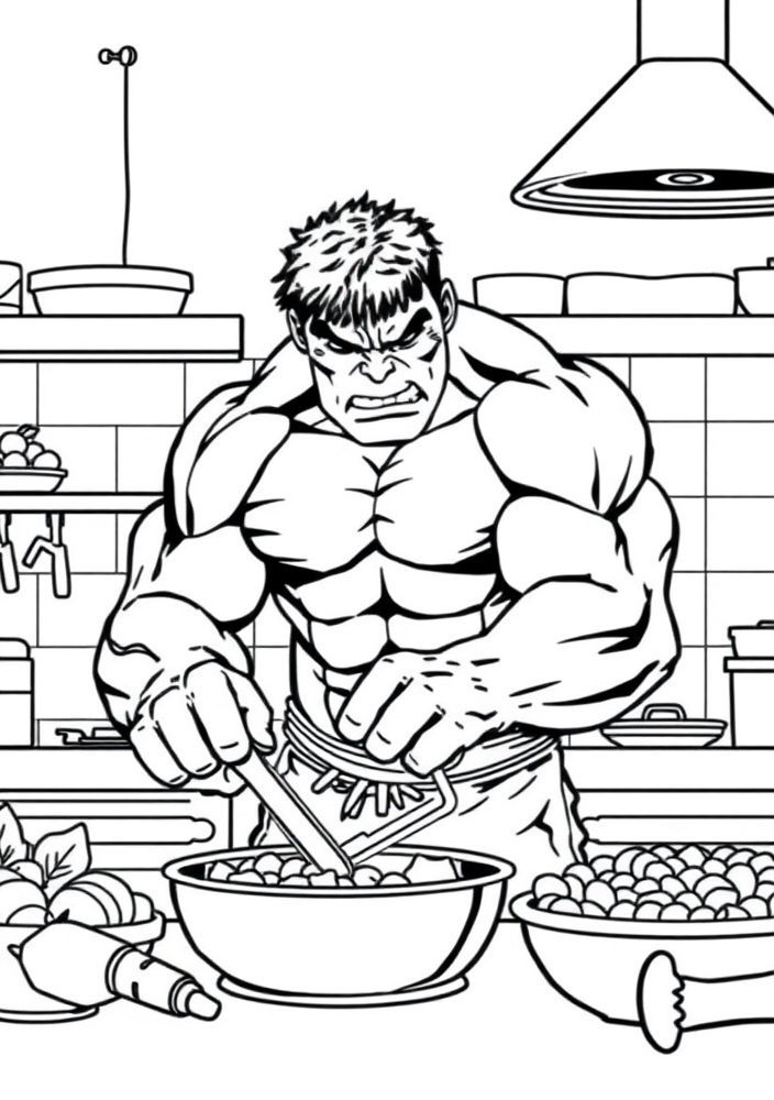 Desenho do Hulk fazendo culinária para colorir