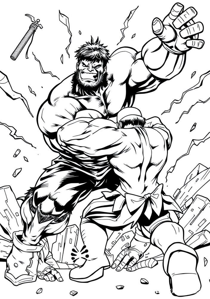 Desenho do Hulk lutando contra um vilão para colorir