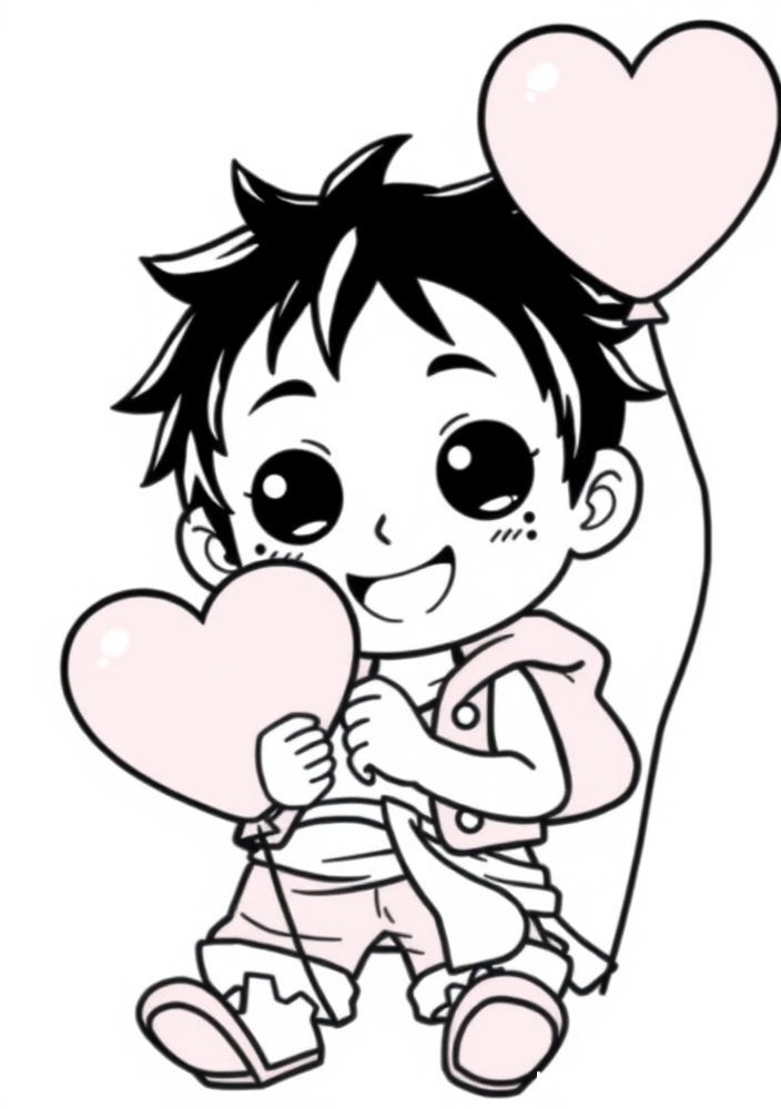 Desenho do Luffy com um balão em forma de coração para colorir