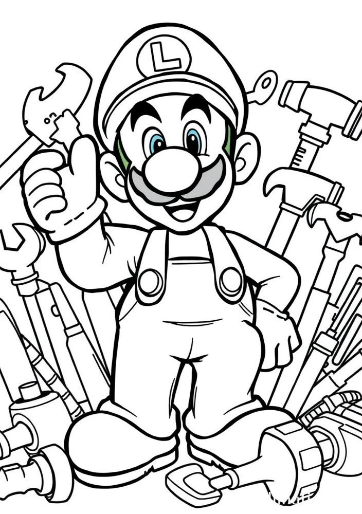 Desenho do Luigi com ferramentas para colorir