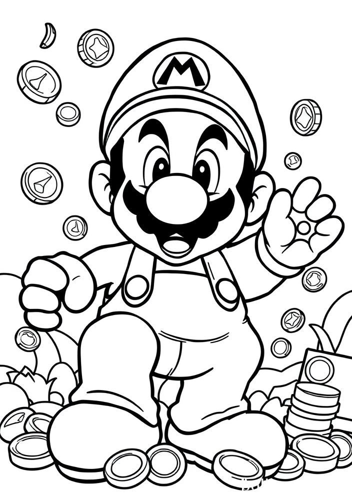 Desenho do Mario coletando moedas para colorir