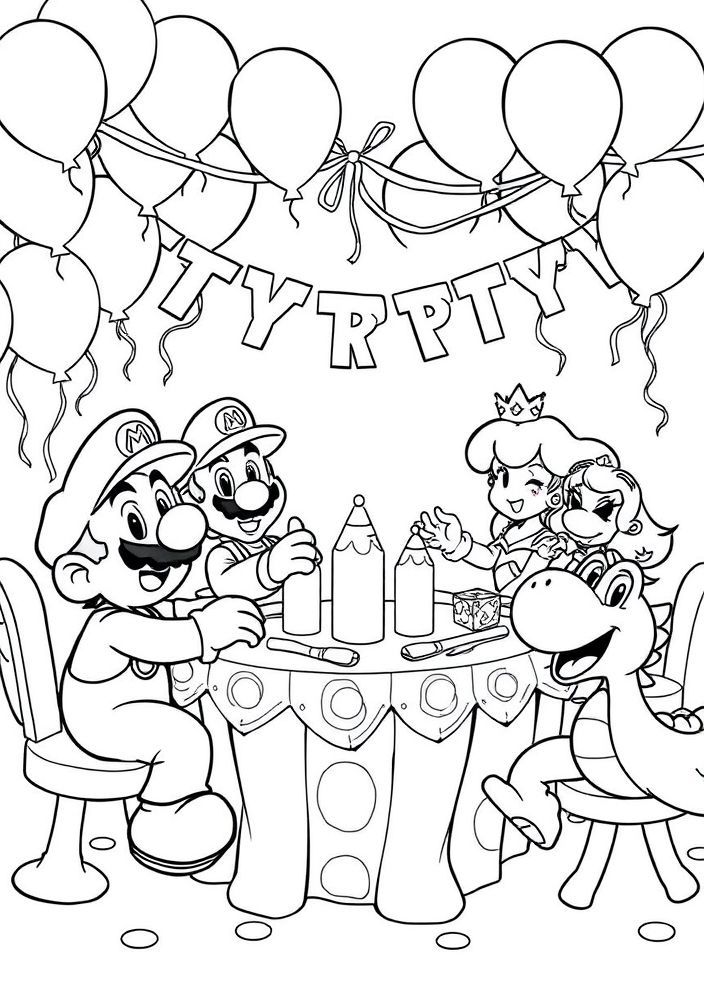 Desenho do Mario com seus amigos em uma festa para colorir