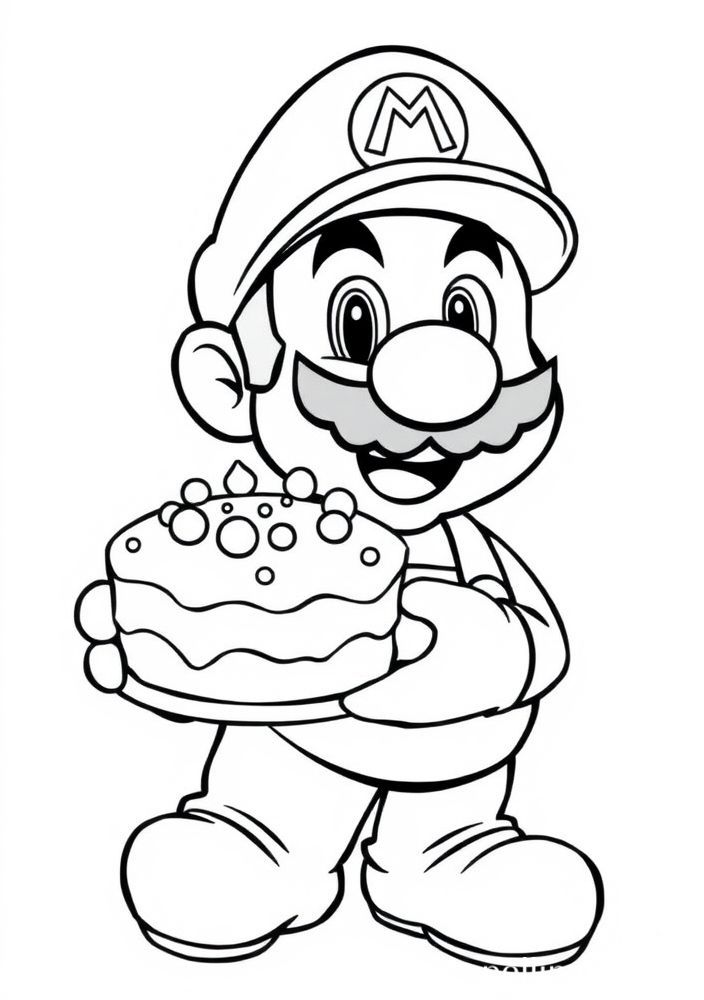Desenho do Mario com um cake para colorir